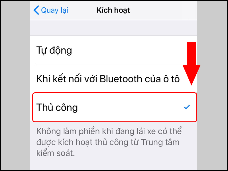 Tùy chỉnh mục Kích hoạt khi đang lái xe trong chế độ Không làm phiền